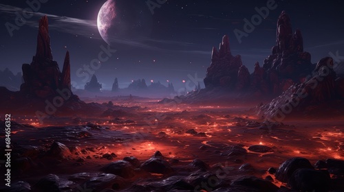 a barren desert world dotted with towering red rocks