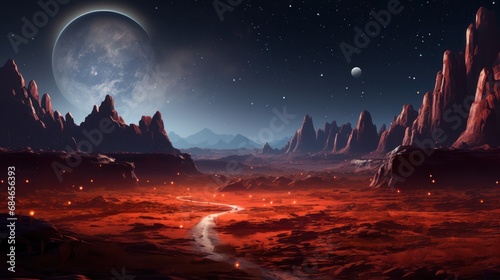 a barren desert world dotted with towering red rocks photo