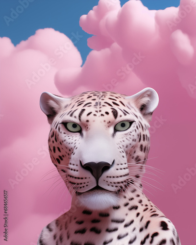 Pastel pink illustrated portrait of a leopard in the sky. Creative portrait of wild animal. Abstract concept. Minimal pastel combination.