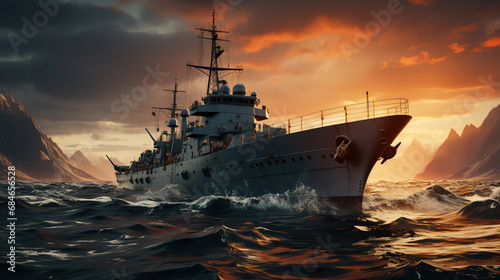 Slika na platnu A Beautiful Seascape with a Modern War Ship Dramatic Cloudy Sunset Background