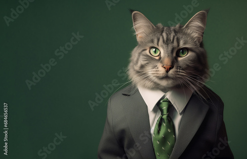 illustration of portrait of a cat in business suit on green background. Created with Generative AI