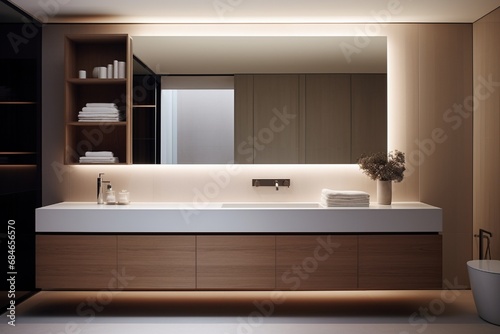 A sleek and minimalist bathroom with a floating vanity, frameless mirror, and recessed lighting.