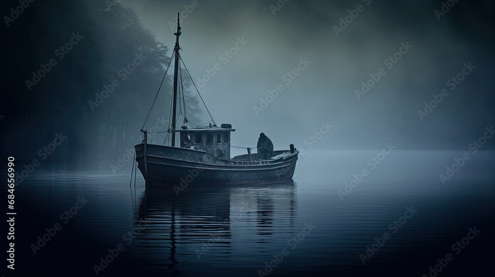 A Fishing Boat on The Water Through a Misty Cloudy and Foggy Night Background