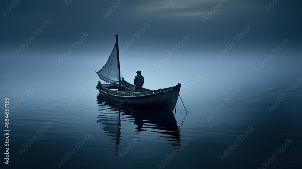 A Fishing Boat on The Water Through a Misty Cloudy and Foggy Night Background