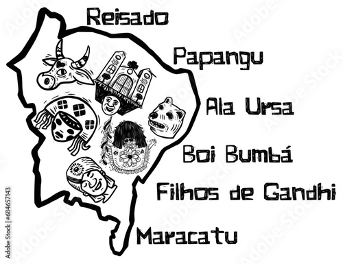 Symbols of festivities in northeastern Brazil. Reisado (kings party), Papangu, Ala Ursa (Bear Wing), Boi (Ox) Bumbá, Filhos de Gandhi (Sons of Gandhi).