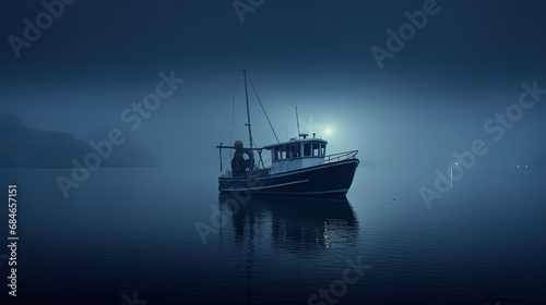 A Fishing Boat on The Water Through a Misty Cloudy and Foggy Night Background photo