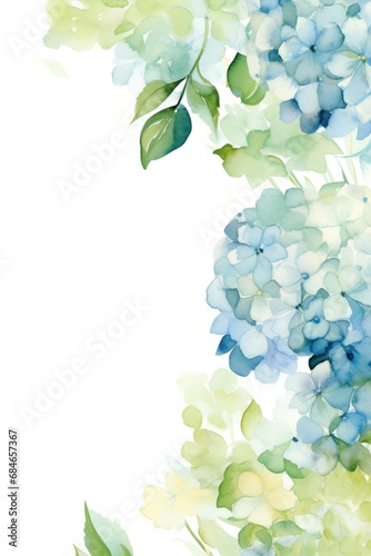Exquisite wedding invitation with a watercolor floral design featuring pastel blue and ivory hydrangeas with copy space