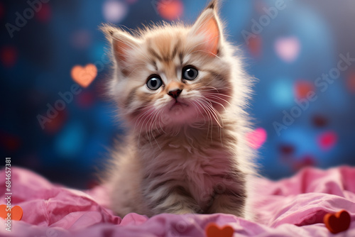 Ginger fluffy kitten on pink fabric with small hearts. Valentine's Day card