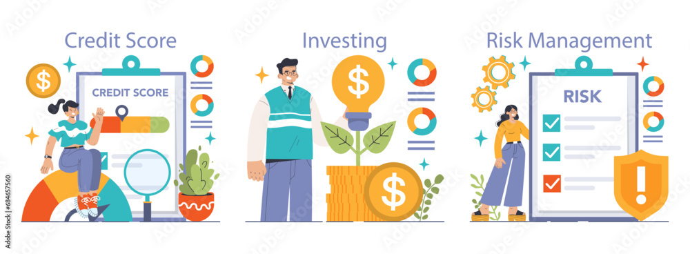 Financial Literacy Set. Engaging in credit score education, smart investment strategies and effective risk management. Financial growth and safety. Flat vector illustration Financial Literacy Set. Engaging in credit score education, smart investment strategies and effective risk management. Financial growth and safety. Flat vector illustration