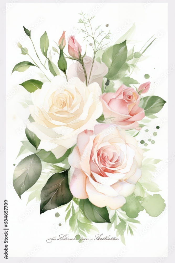 Elegant wedding invitation with a watercolor blush roses with copy space