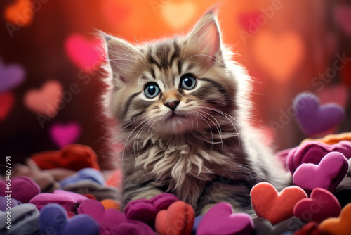 A gray tabby kitten sits among small soft toy hearts on a red blurred background. Valentine's Day card.