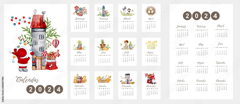 Handmade Watercolor Illustrations Feature In 2024 Calendar Spanning 12 Months - obrazy, fototapety, plakaty 