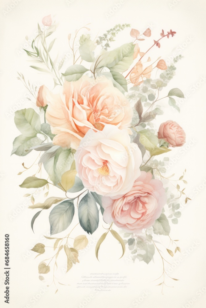 Romantic wedding invitation showcasing a watercolor arrangement of antique roses with copy space