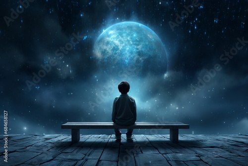child boy sitting alone on a bench, futuristic background photo