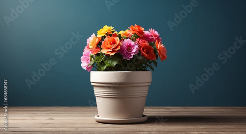 A realistic flower pot advertisement background with space for text at the side - AI Generative