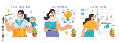 Business strategy set. Expert showcasing value proposition, innovation for product differentiation, analyzing market trends. Idea breakthrough. Digital analysis. Flat vector illustration