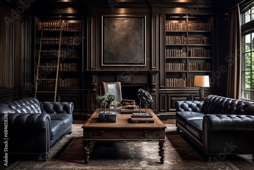 A sophisticated study with dark wood paneling, a leather chair, and built-in bookshelves for a classic ambiance. photo