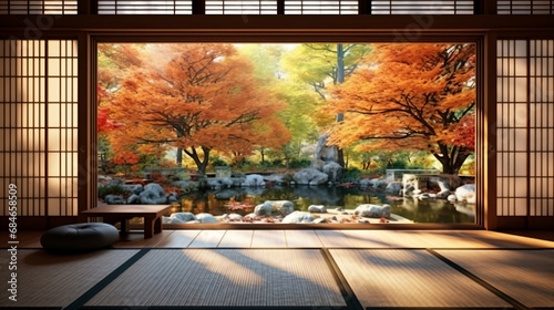 日本の畳がある和室の大きな窓から見る庭の紅葉の景色、光が差し込む明るい部屋、日本庭園 photo