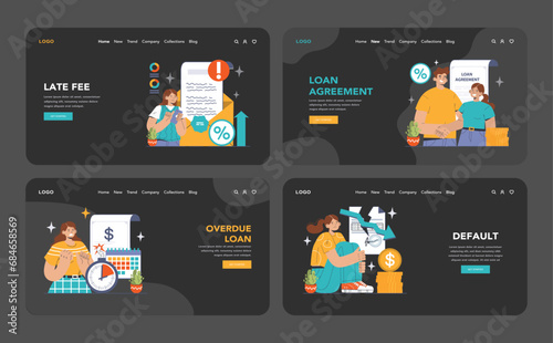 Financial Trouble set. Consequences of overdue loans explored. Default, repossession, late fees. Debt collection and bankruptcy processes. Flat vector illustration