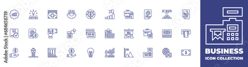 Business line icon collection. Editable stroke. Vector illustration. Containing statistics, credit card, bill, agreement, budget, economy, gear, package, money, dollar symbol, card, bulb, stats, goal.