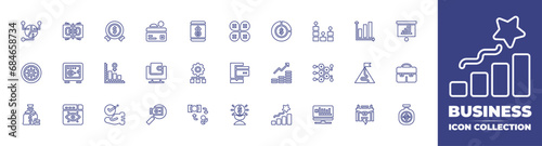 Business line icon collection. Editable stroke. Vector illustration. Containing presentation, suitcase, money bag, analytics, payment, growth, grow up, hierarchy, money, achievement, bar chart.