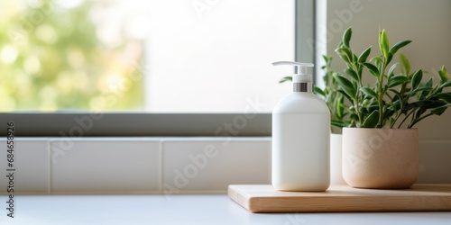 eco-friendly bottle Soap dispenser in bathroom interior. AI Generated © dark_blade