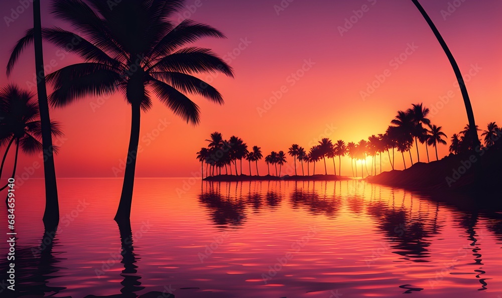a beach at sunset, with warm hues reflecting on the calm water and silhouettes of palm trees