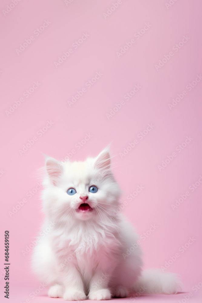White surprised kitten with an open mouth on a pink background. Advertising portrait with space for text.