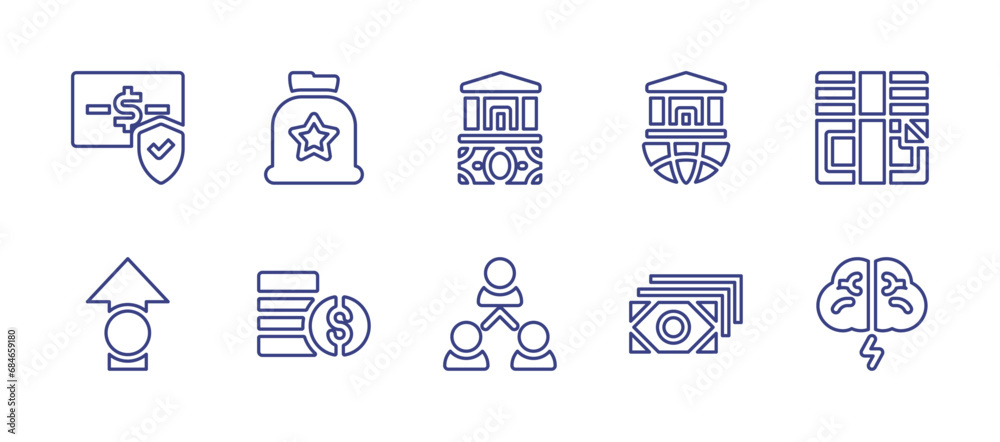 Business line icon set. Editable stroke. Vector illustration. Containing protection, money bag, bank, cash, growth, coins, diagram, money, brainstorm.