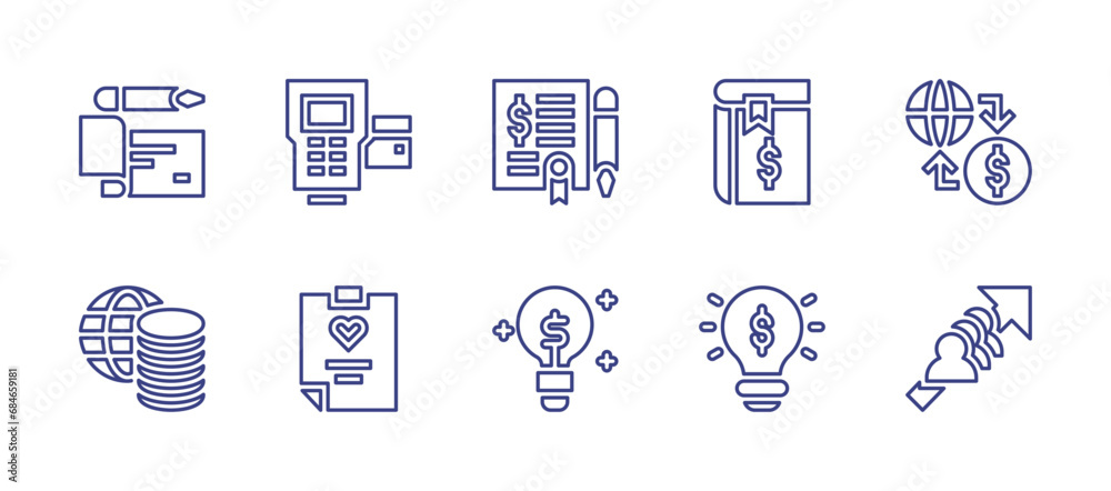 Business line icon set. Editable stroke. Vector illustration. Containing cheque, point of service, agreement, book, economy, money, certificate, lightbulb, idea, increase.