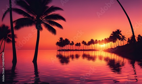 a beach at sunset  with warm hues reflecting on the calm water and silhouettes of palm trees