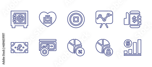 Fototapeta Naklejka Na Ścianę i Meble -  Business line icon set. Editable stroke. Vector illustration. Containing safebox, job, coin, analytics, smartphone, pound, money, diagram, pie chart, bar chart.