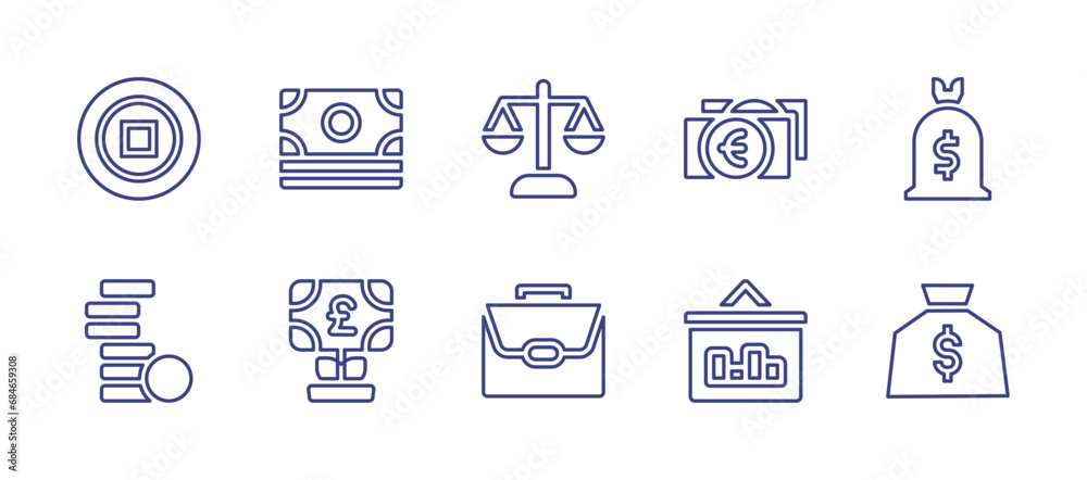 Business line icon set. Editable stroke. Vector illustration. Containing money, balance, cash, money bag, stack, investment, briefcase, analysis.