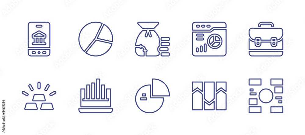Business line icon set. Editable stroke. Vector illustration. Containing online banking, graph, money bag, pie chart, briefcase, gold, statistics, bar chart, organization.