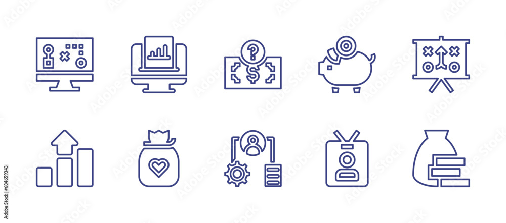 Business line icon set. Editable stroke. Vector illustration. Containing plan, analytics, money, saving money, strategy, graph, subsidy, process, business card, money bag.