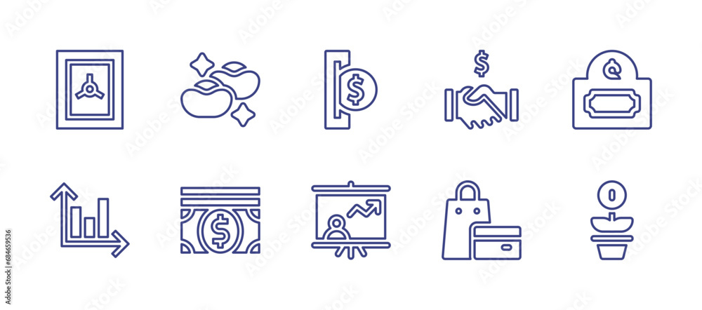 Business line icon set. Editable stroke. Vector illustration. Containing safebox, investment, gold, coin, partnership, money, presentation, shopping.