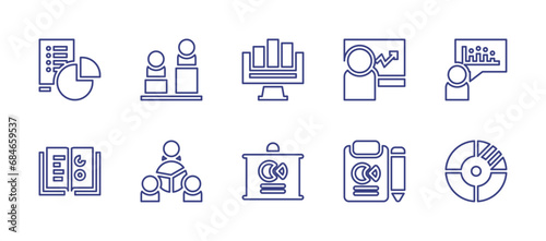Business line icon set. Editable stroke. Vector illustration. Containing pie chart, polling, bar chart, presentation, notebook, clipboard.