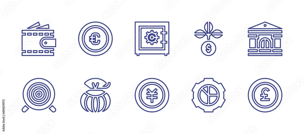 Business line icon set. Editable stroke. Vector illustration. Containing wallet, coin, strongbox, growth, bank, target, money bag, yen, graphic, pound.