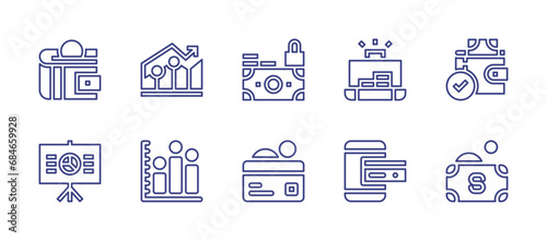 Business line icon set. Editable stroke. Vector illustration. Containing wallet, analytics, money, briefcase, presentation, graph, credit card, mobile banking.