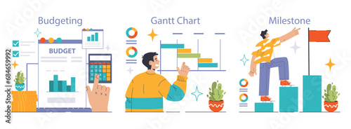 Project Implementation set. Budgeting, charting progress, celebrating milestones. Dynamic figures interact with graphical elements. Flat vector illustration © inspiring.team