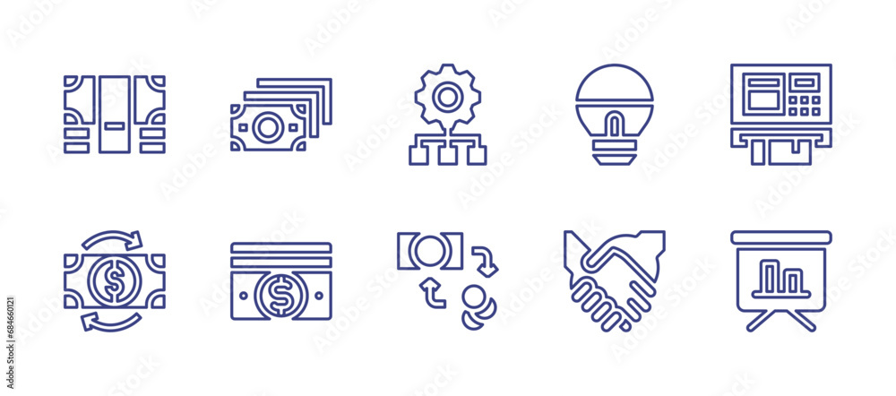 Business line icon set. Editable stroke. Vector illustration. Containing deal, presentation, money, hierarchy, light bulb, atm, money flow.
