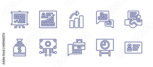 Business line icon set. Editable stroke. Vector illustration. Containing presentation, growth, increase, consult, deal, money bag, money, job description, training, id card.