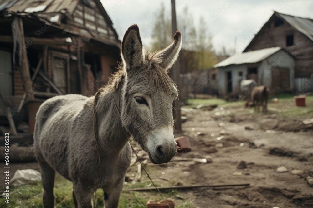 Donkey Standing in Front of Wooden Building Donkey Standing in Front of Wooden Building