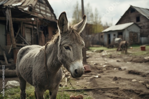 Donkey Standing in Front of Wooden Building © Ева Поликарпова
