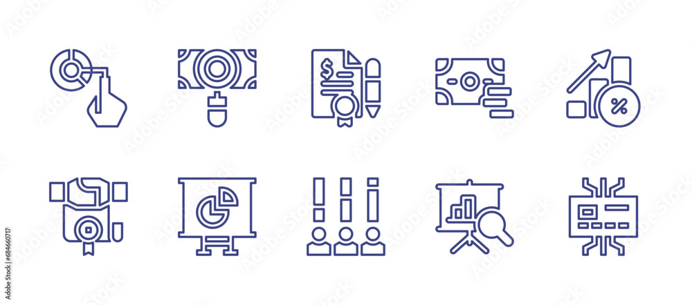 Business line icon set. Editable stroke. Vector illustration. Containing pie chart, searching, contract, money, graph, commitment, performance, rating, statistics, online payment.