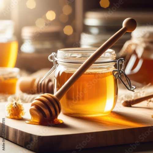 jar of honey dipper honey background
