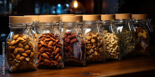 assortment of nuts in glass jars on the shop shelf