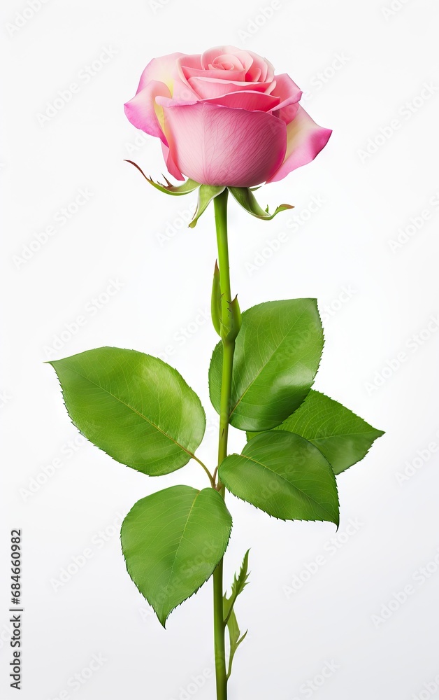 Fototapeta premium Single pink rose isolated on a white background, The meaning of pink roses is gentle and elegant love.