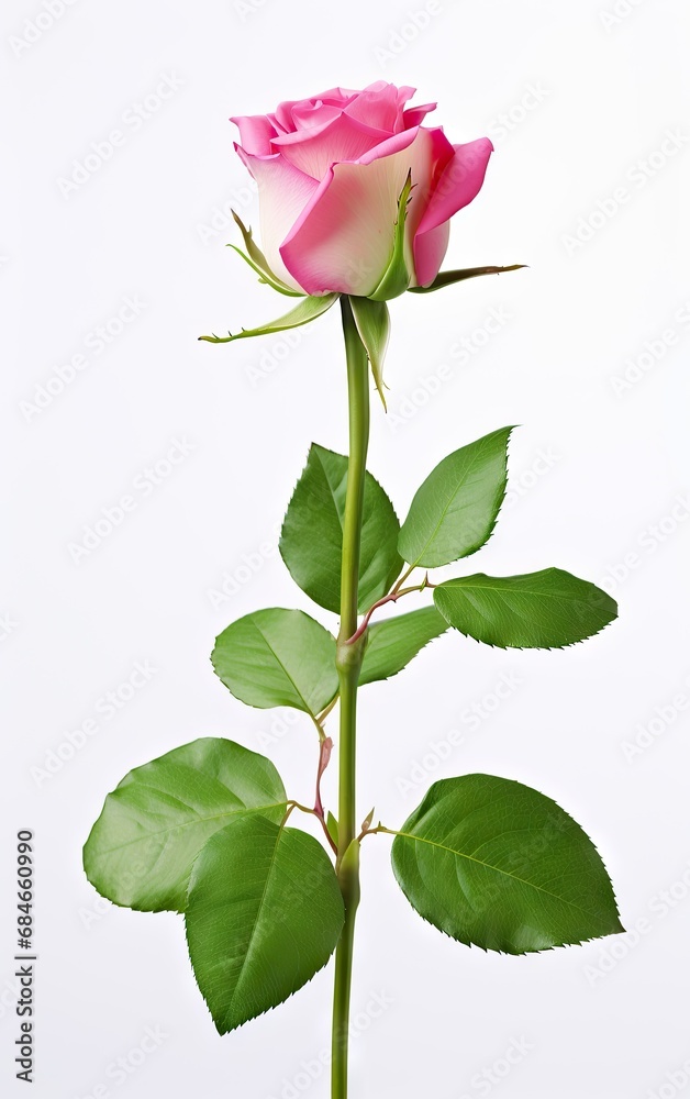 Single pink rose isolated on a white background, The meaning of pink roses is gentle and elegant love.