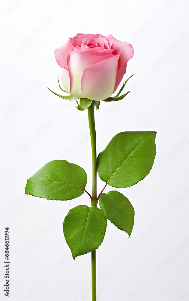 Obraz premium Single pink rose isolated on a white background, The meaning of pink roses is gentle and elegant love.